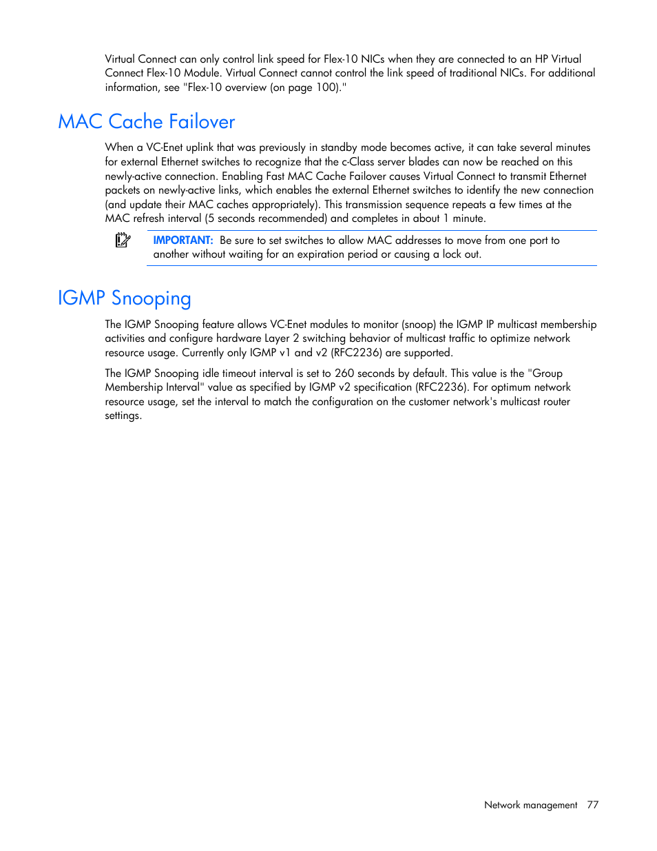 Mac cache failover, Igmp snooping, Mac cache failover igmp snooping | Ge 77) | HP Virtual Connect Flex-10 10Gb Ethernet Module for c-Class BladeSystem User Manual | Page 77 / 169