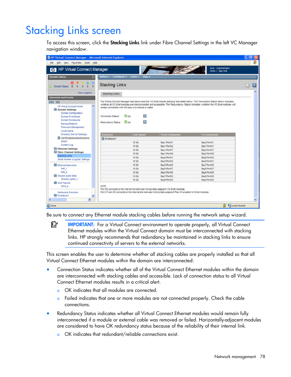 Stacking links screen | HP Virtual Connect Flex-10 10Gb Ethernet Module for c-Class BladeSystem User Manual | Page 78 / 169