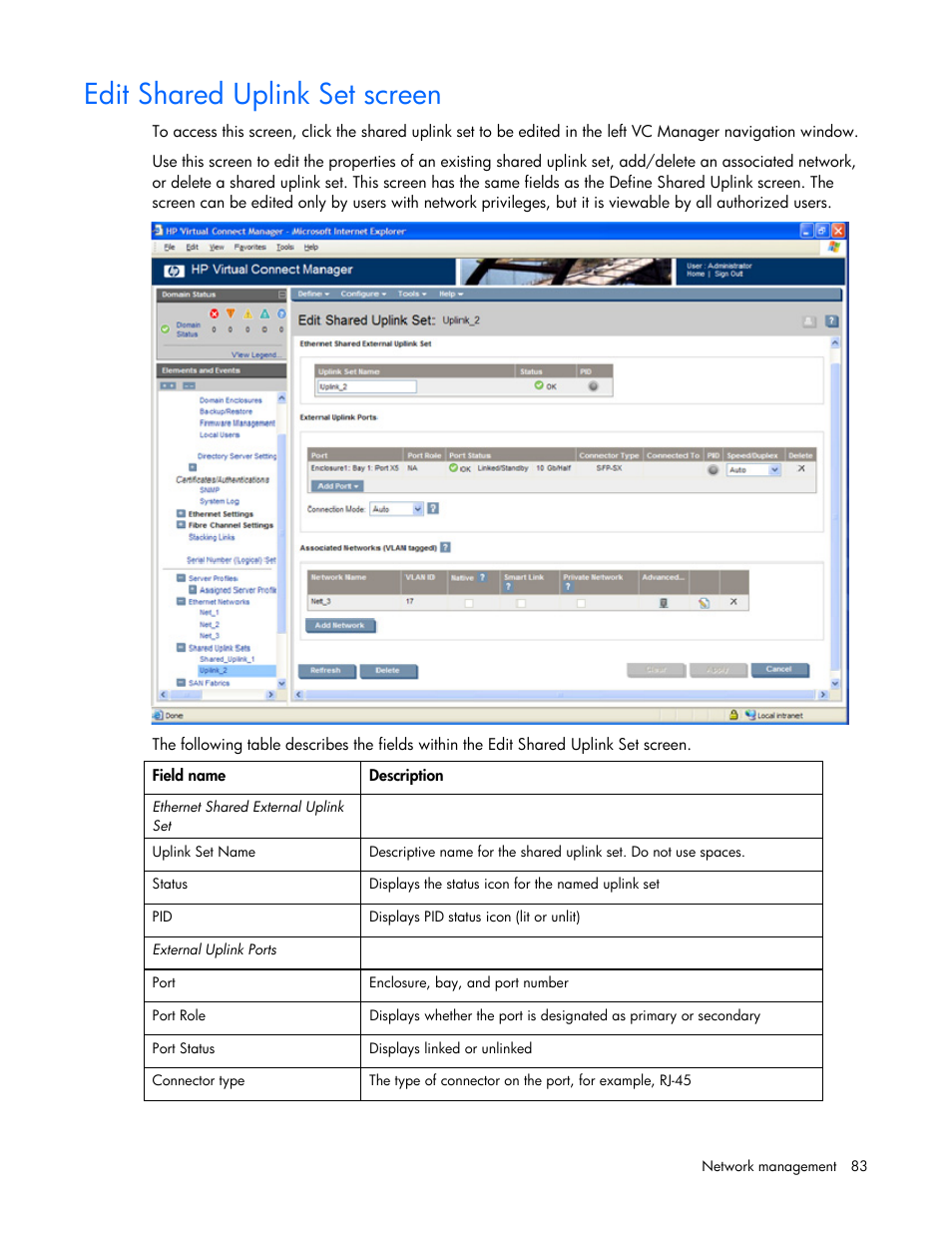 Edit shared uplink set screen | HP Virtual Connect Flex-10 10Gb Ethernet Module for c-Class BladeSystem User Manual | Page 83 / 169