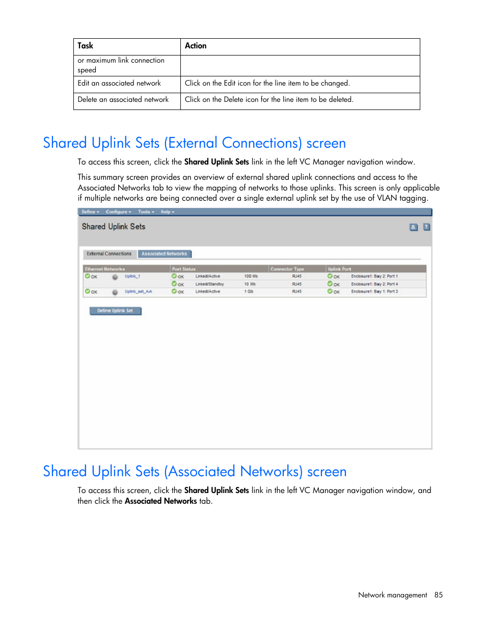 Shared uplink sets (external connections) screen, Shared uplink sets (associated networks) screen | HP Virtual Connect Flex-10 10Gb Ethernet Module for c-Class BladeSystem User Manual | Page 85 / 169