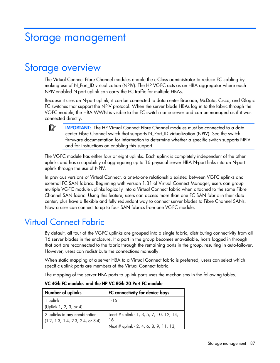 Storage management, Storage overview, Virtual connect fabric | HP Virtual Connect Flex-10 10Gb Ethernet Module for c-Class BladeSystem User Manual | Page 87 / 169