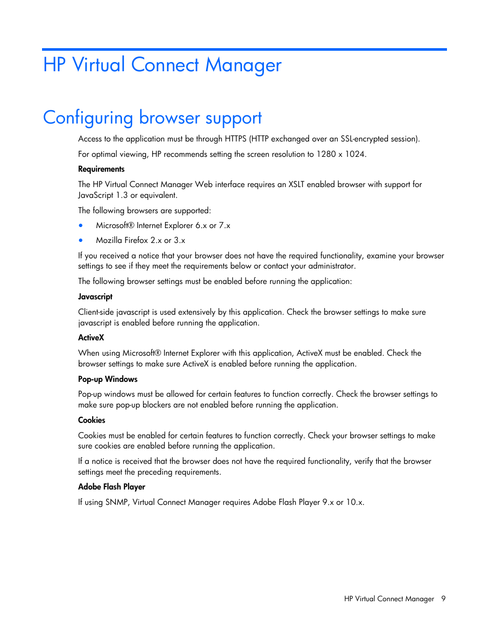 Hp virtual connect manager, Configuring browser support | HP Virtual Connect Flex-10 10Gb Ethernet Module for c-Class BladeSystem User Manual | Page 9 / 169