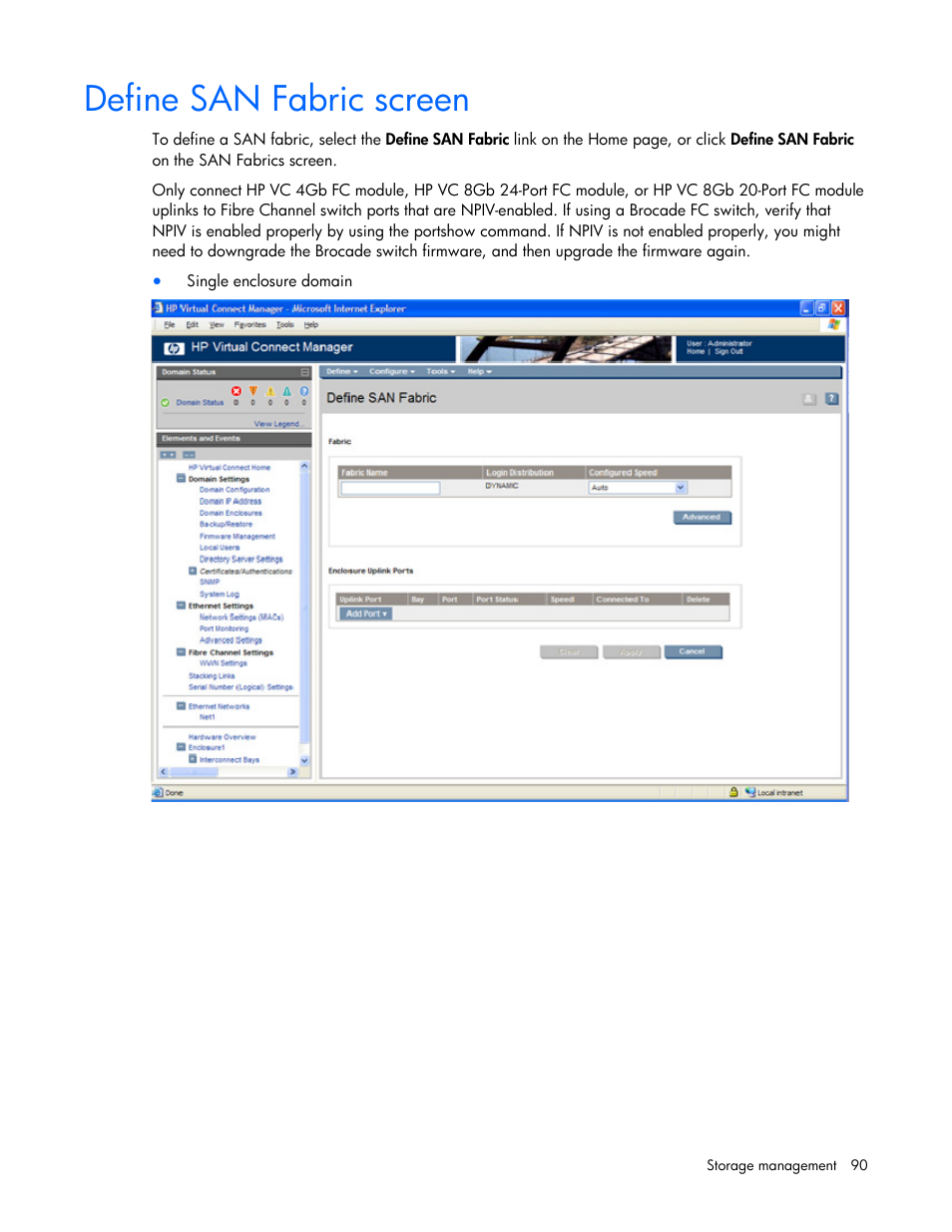 Define san fabric screen | HP Virtual Connect Flex-10 10Gb Ethernet Module for c-Class BladeSystem User Manual | Page 90 / 169