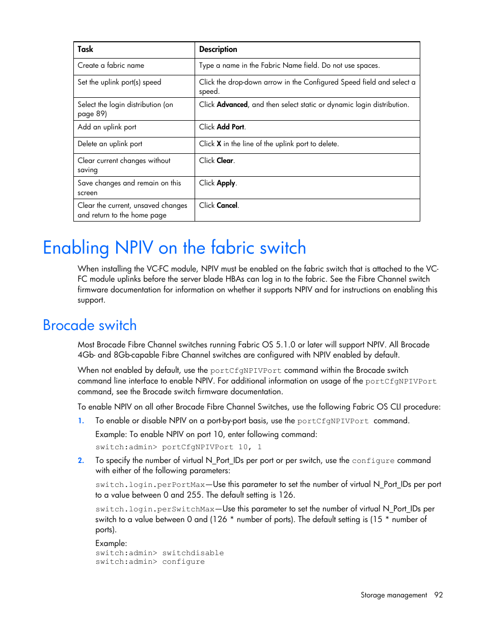 Enabling npiv on the fabric switch, Brocade switch | HP Virtual Connect Flex-10 10Gb Ethernet Module for c-Class BladeSystem User Manual | Page 92 / 169