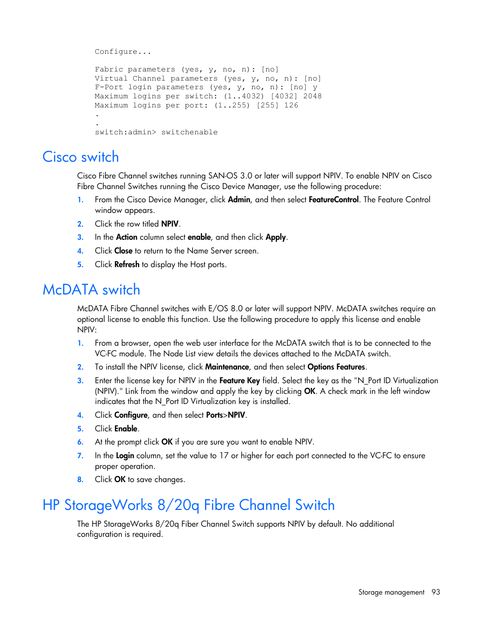 Cisco switch, Mcdata switch, Hp storageworks 8/20q fibre channel switch | HP Virtual Connect Flex-10 10Gb Ethernet Module for c-Class BladeSystem User Manual | Page 93 / 169