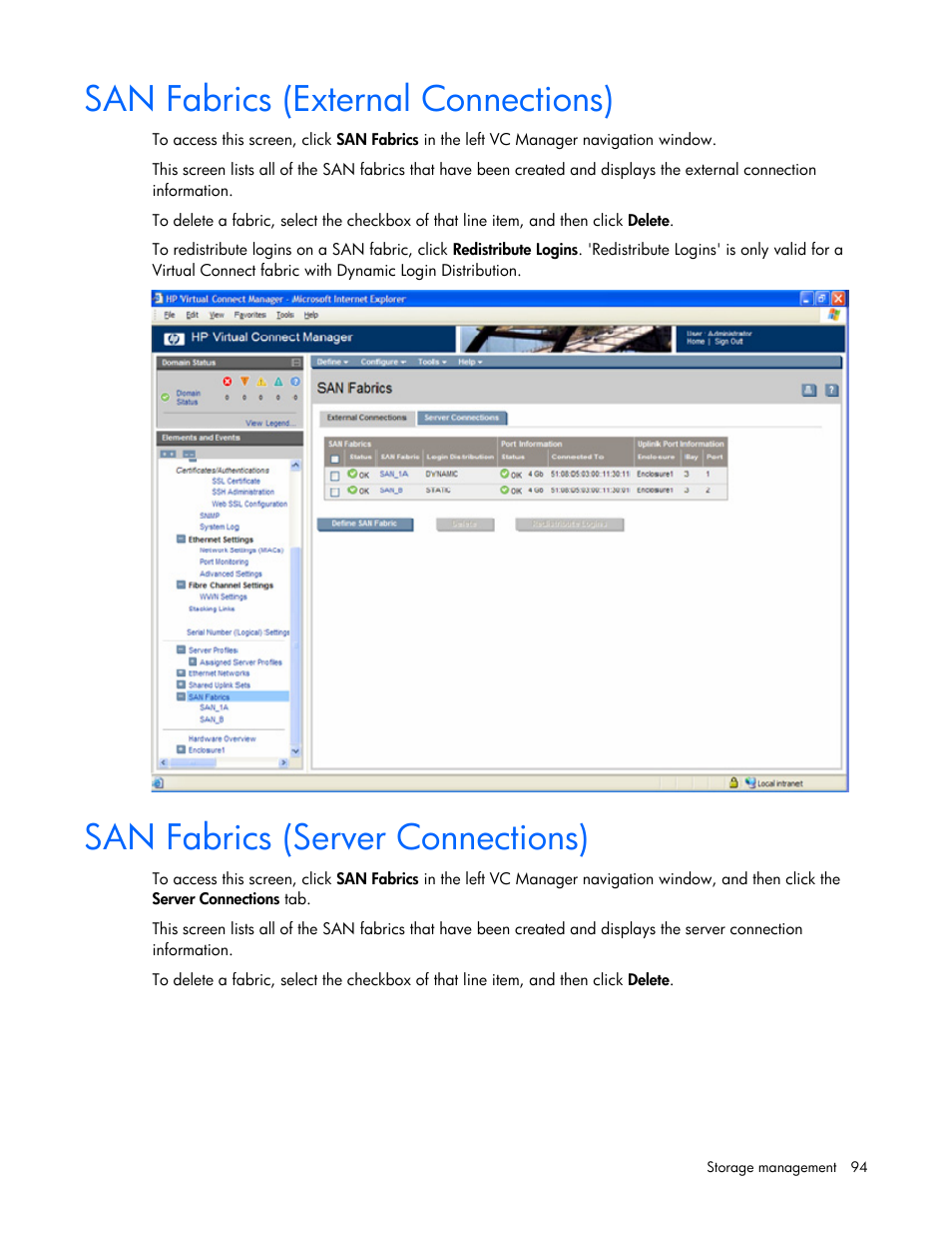 San fabrics (external connections), San fabrics (server connections) | HP Virtual Connect Flex-10 10Gb Ethernet Module for c-Class BladeSystem User Manual | Page 94 / 169