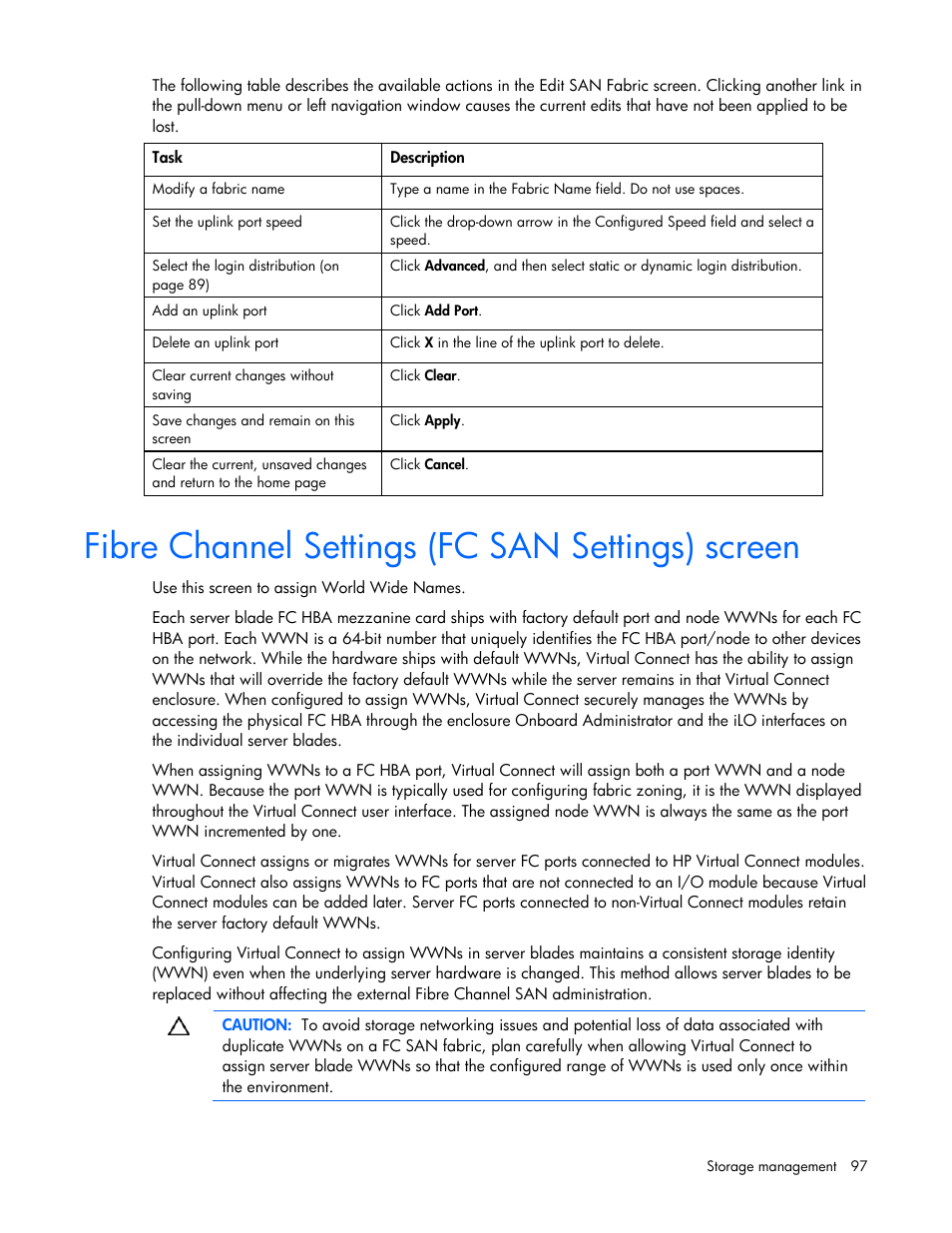 Fibre channel settings (fc san settings) screen | HP Virtual Connect Flex-10 10Gb Ethernet Module for c-Class BladeSystem User Manual | Page 97 / 169