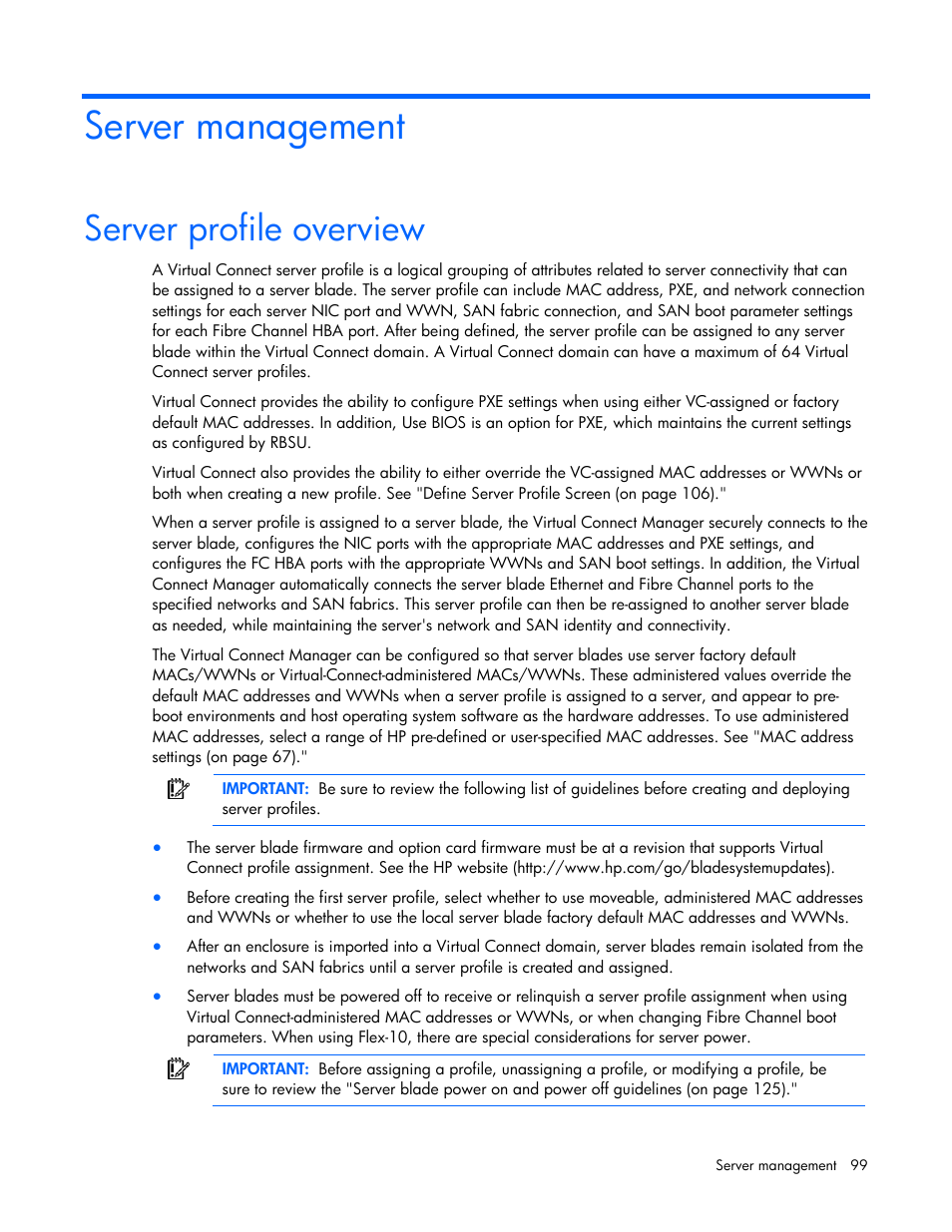 Server management, Server profile overview | HP Virtual Connect Flex-10 10Gb Ethernet Module for c-Class BladeSystem User Manual | Page 99 / 169