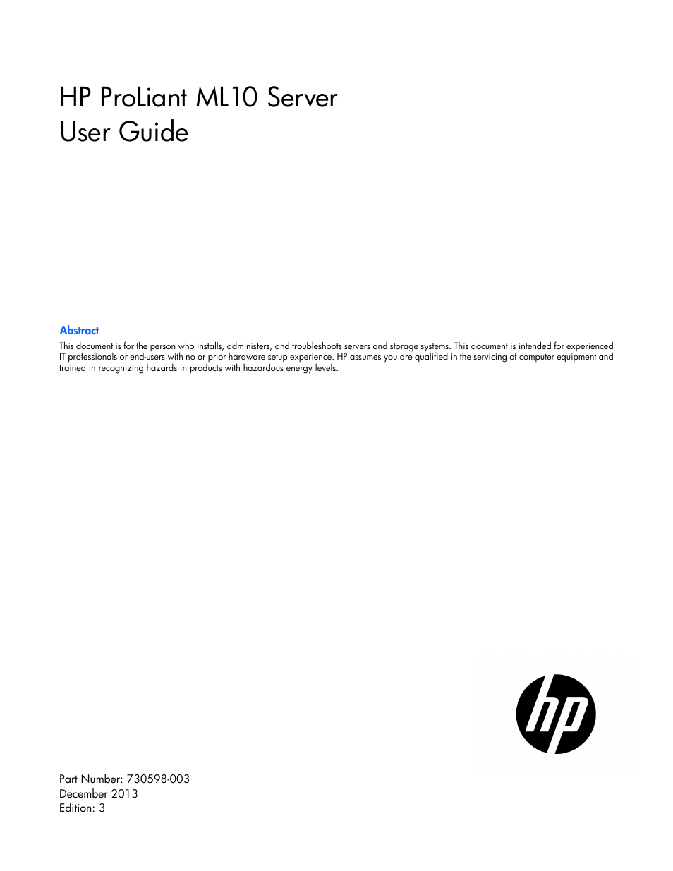 HP ProLiant ML10 Server User Manual | 76 pages