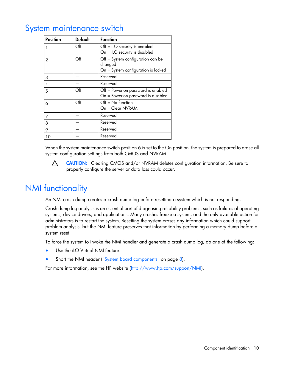 System maintenance switch, Nmi functionality | HP ProLiant ML10 Server User Manual | Page 10 / 76