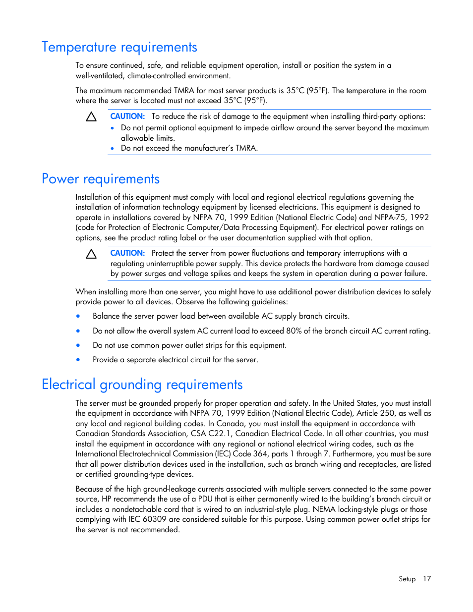 Temperature requirements, Power requirements, Electrical grounding requirements | HP ProLiant ML10 Server User Manual | Page 17 / 76