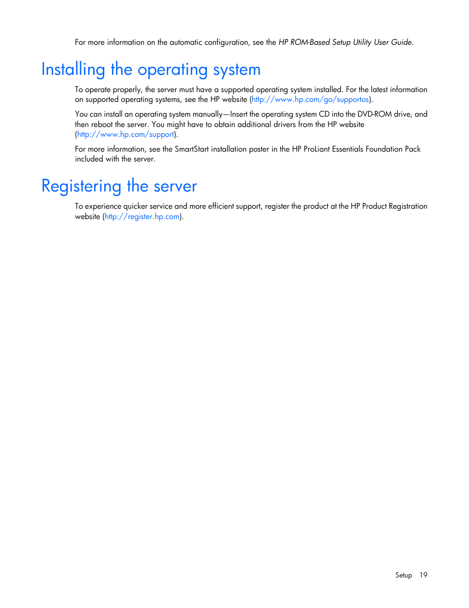 Installing the operating system, Registering the server | HP ProLiant ML10 Server User Manual | Page 19 / 76
