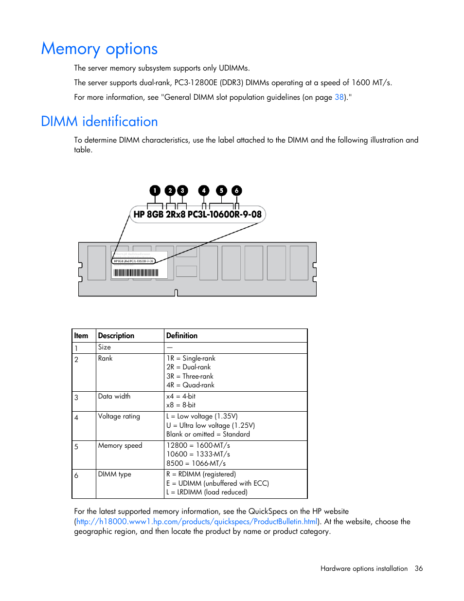 Memory options, Dimm identification | HP ProLiant ML10 Server User Manual | Page 36 / 76