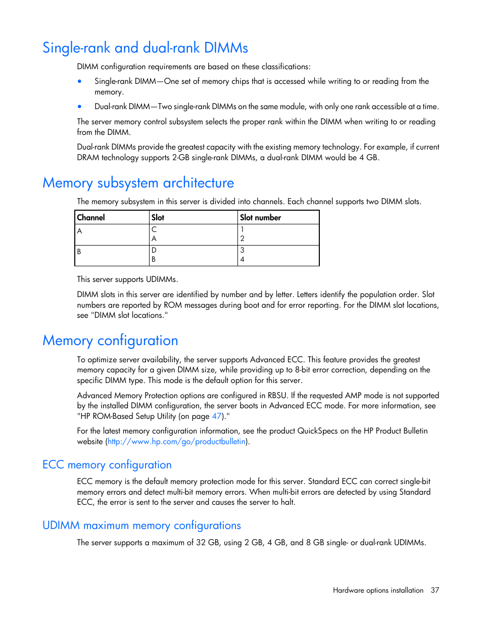 Single-rank and dual-rank dimms, Memory subsystem architecture, Memory configuration | Ecc memory configuration, Udimm maximum memory configurations | HP ProLiant ML10 Server User Manual | Page 37 / 76