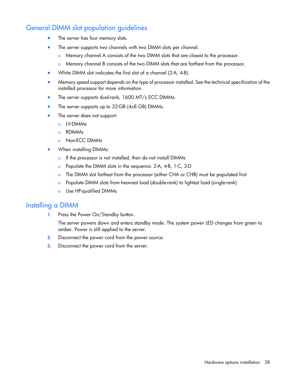 General dimm slot population guidelines, Installing a dimm | HP ProLiant ML10 Server User Manual | Page 38 / 76