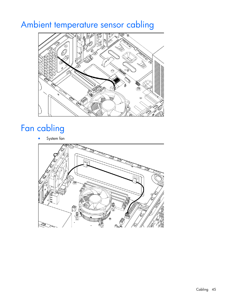Ambient temperature sensor cabling, Fan cabling | HP ProLiant ML10 Server User Manual | Page 45 / 76
