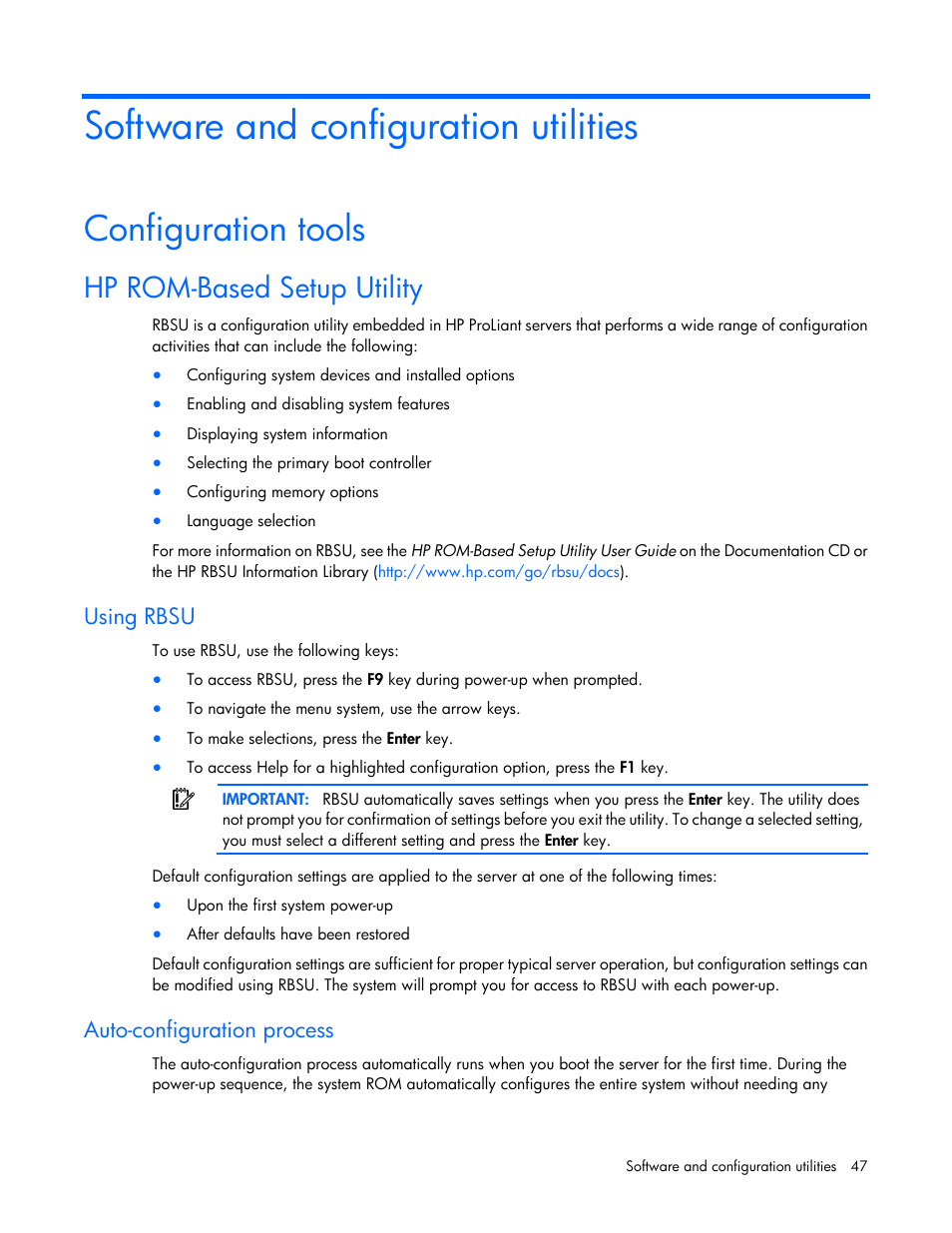 Software and configuration utilities, Configuration tools, Hp rom-based setup utility | Using rbsu, Auto-configuration process | HP ProLiant ML10 Server User Manual | Page 47 / 76