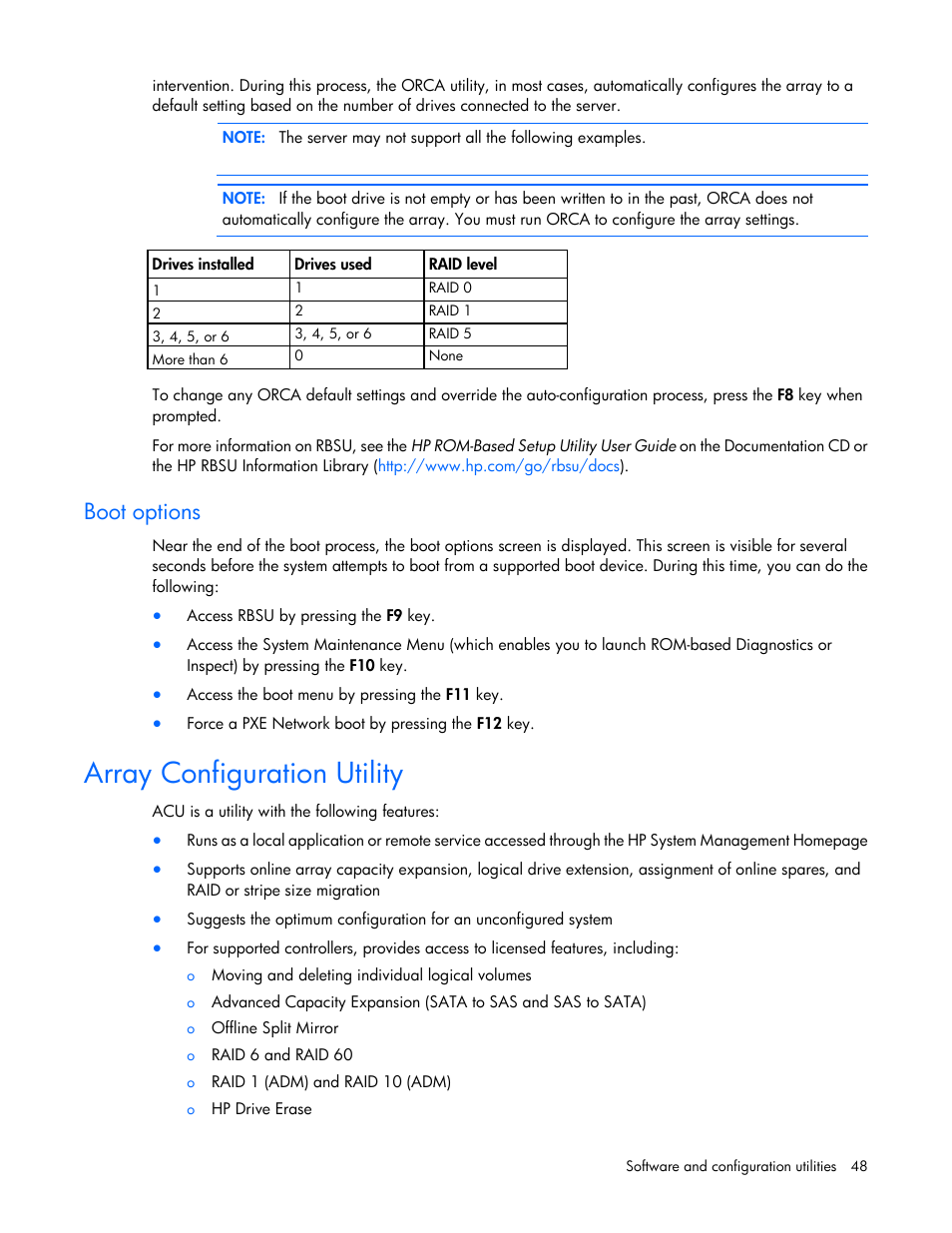 Boot options, Array configuration utility | HP ProLiant ML10 Server User Manual | Page 48 / 76