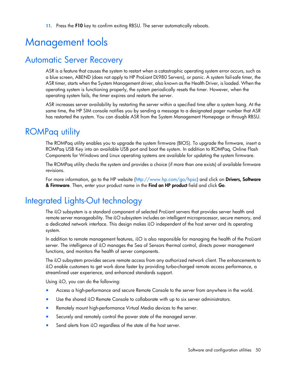 Management tools, Automatic server recovery, Rompaq utility | Integrated lights-out technology | HP ProLiant ML10 Server User Manual | Page 50 / 76