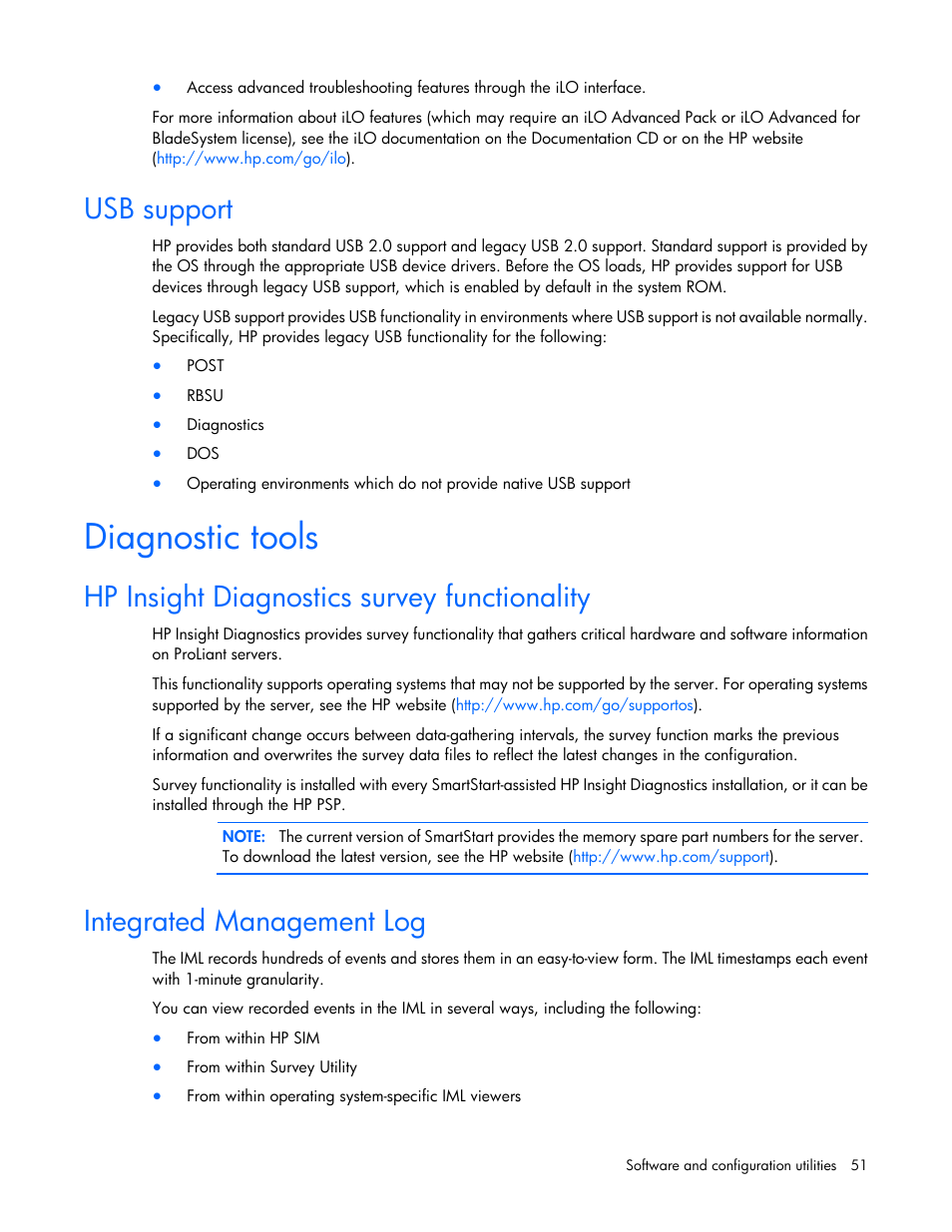 Usb support, Diagnostic tools, Hp insight diagnostics survey functionality | Integrated management log | HP ProLiant ML10 Server User Manual | Page 51 / 76