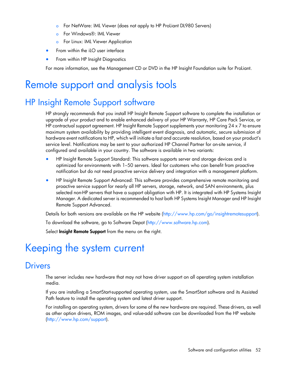 Remote support and analysis tools, Hp insight remote support software, Keeping the system current | Drivers | HP ProLiant ML10 Server User Manual | Page 52 / 76