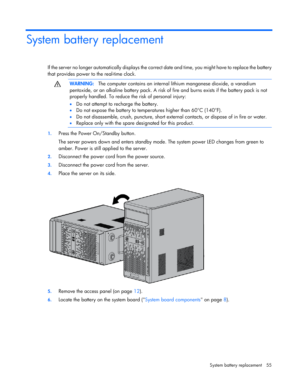 System battery replacement | HP ProLiant ML10 Server User Manual | Page 55 / 76