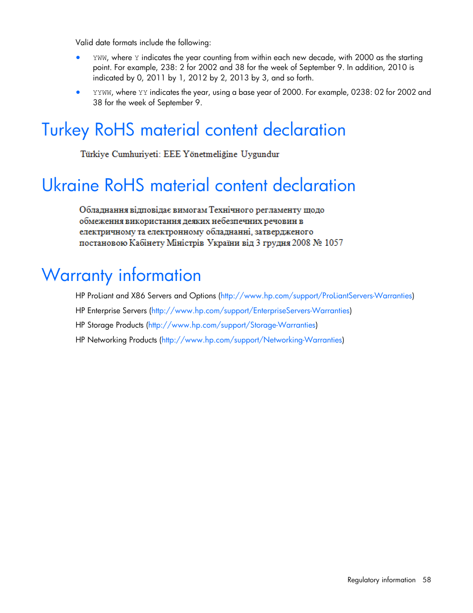 Turkey rohs material content declaration, Ukraine rohs material content declaration, Warranty information | HP ProLiant ML10 Server User Manual | Page 58 / 76