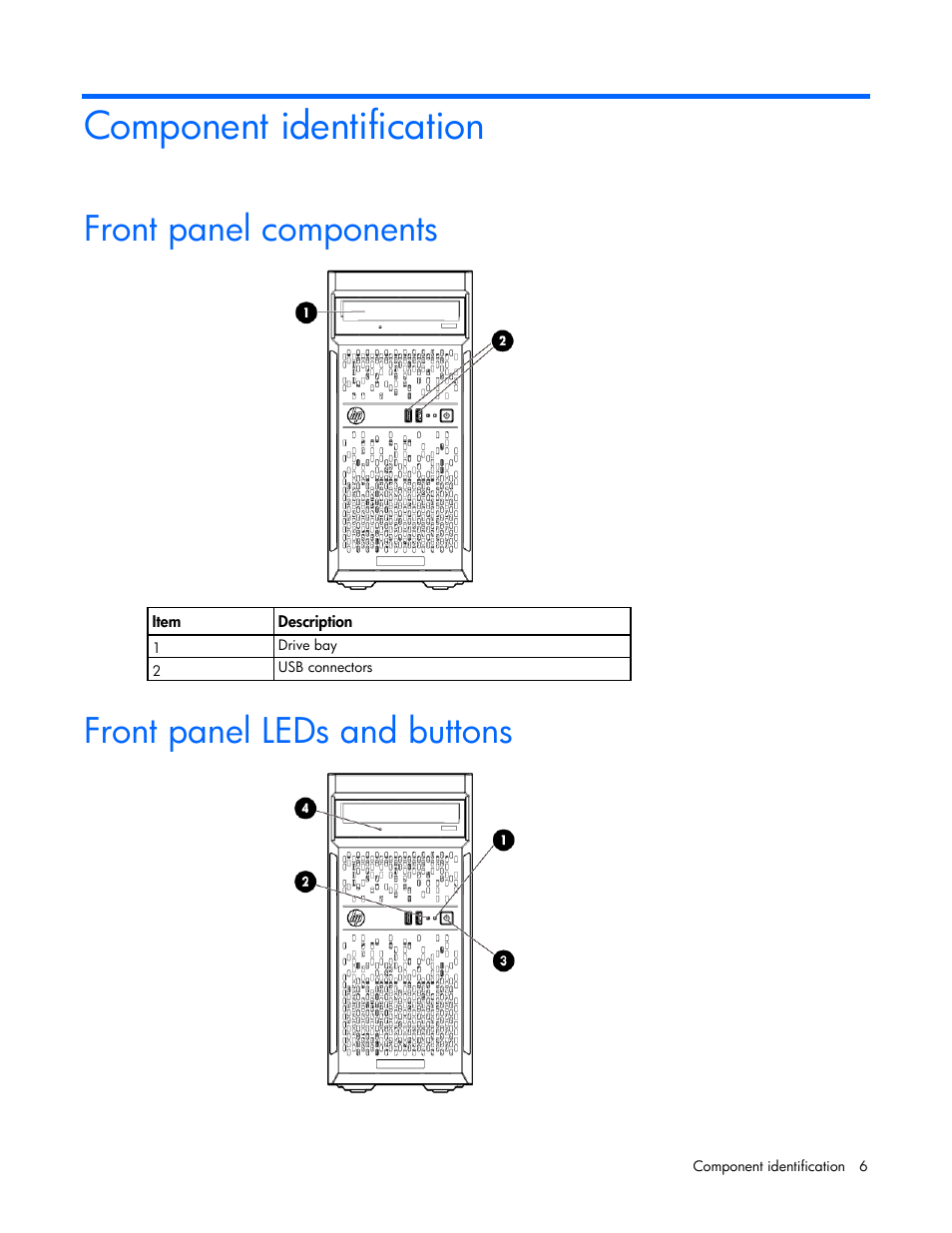 Component identification, Front panel components, Front panel leds and buttons | HP ProLiant ML10 Server User Manual | Page 6 / 76