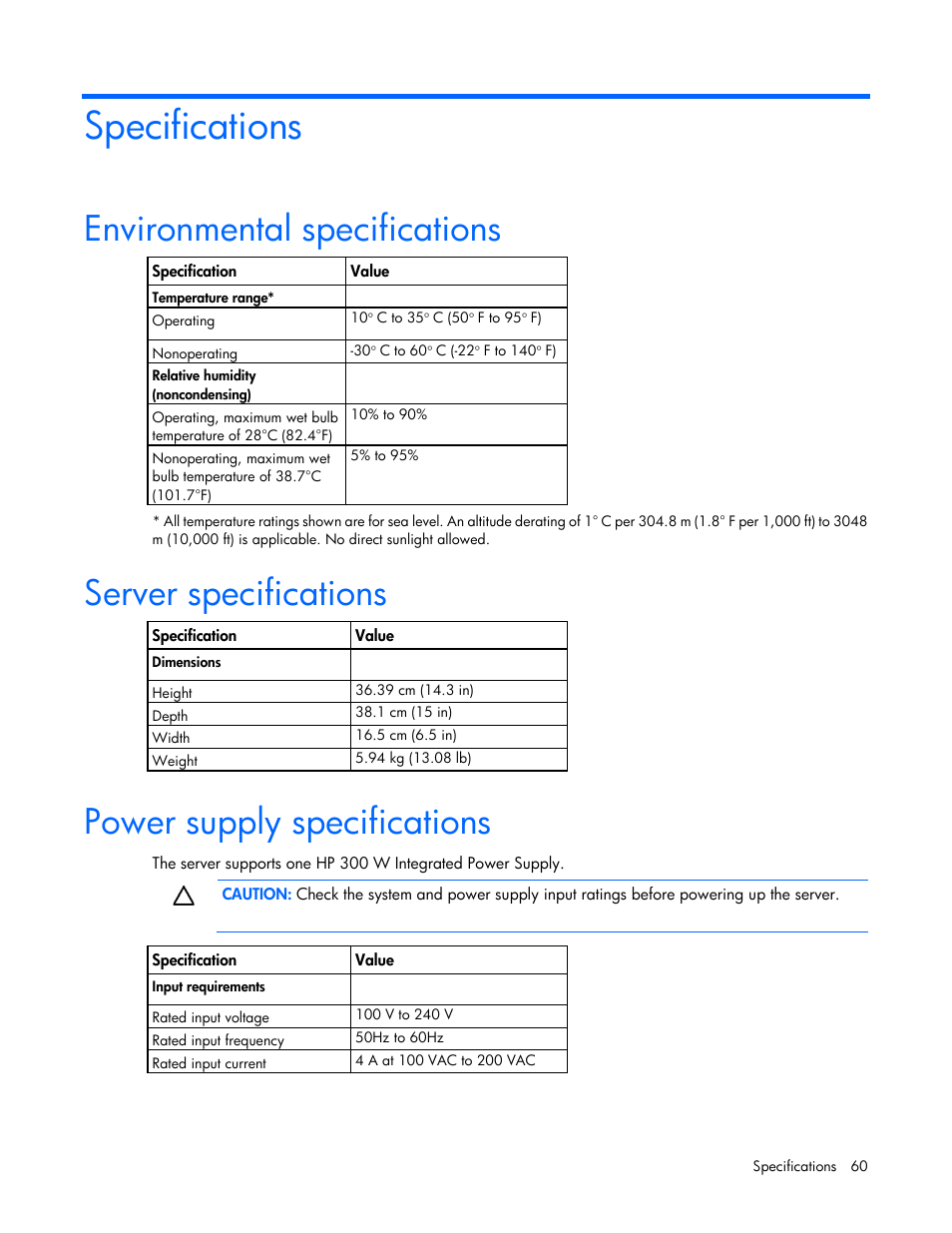 Specifications, Environmental specifications, Server specifications | Power supply specifications | HP ProLiant ML10 Server User Manual | Page 60 / 76