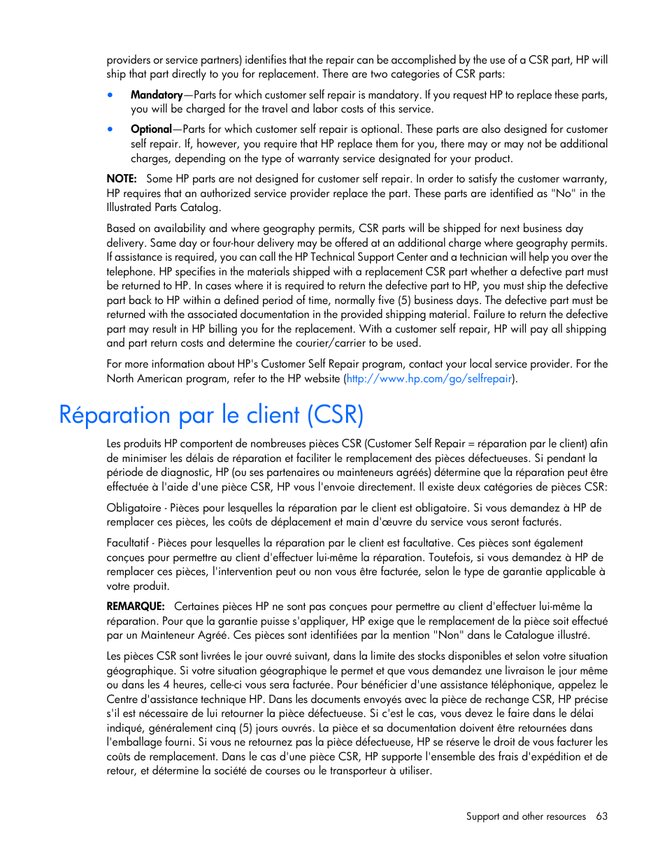 Réparation par le client (csr) | HP ProLiant ML10 Server User Manual | Page 63 / 76