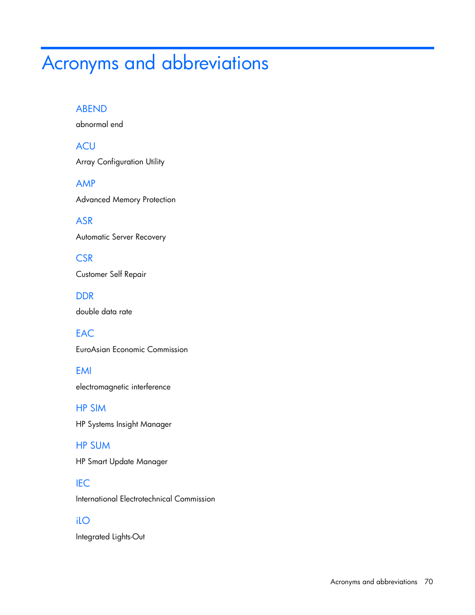 Acronyms and abbreviations | HP ProLiant ML10 Server User Manual | Page 70 / 76