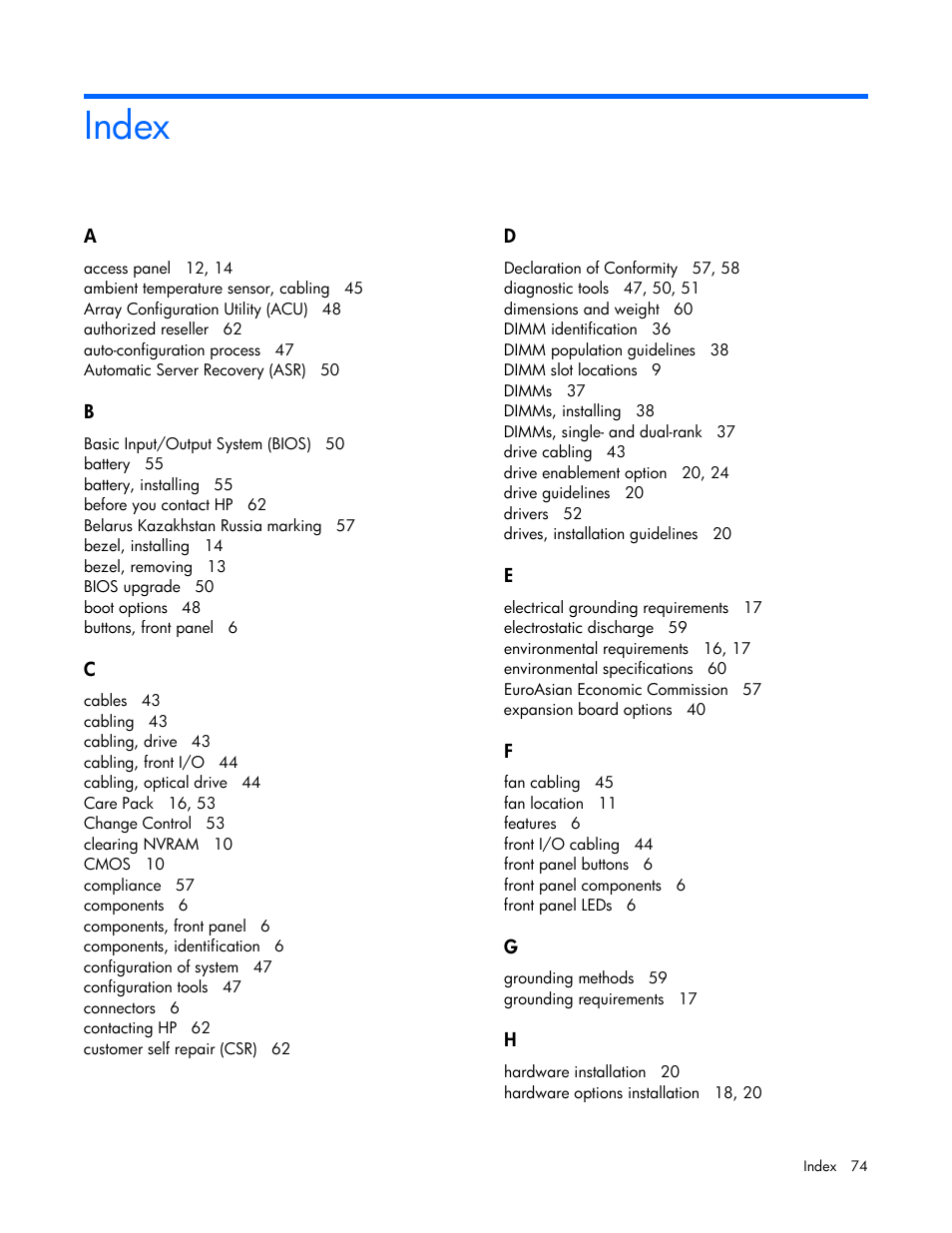 Index | HP ProLiant ML10 Server User Manual | Page 74 / 76