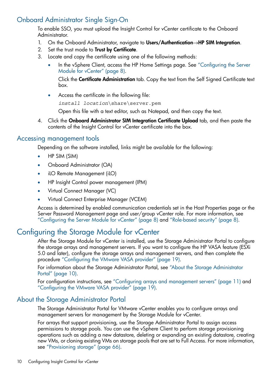 Onboard administrator single sign-on, Accessing management tools, Configuring the storage module for vcenter | About the storage administrator portal | HP OneView for VMware vCenter User Manual | Page 10 / 107