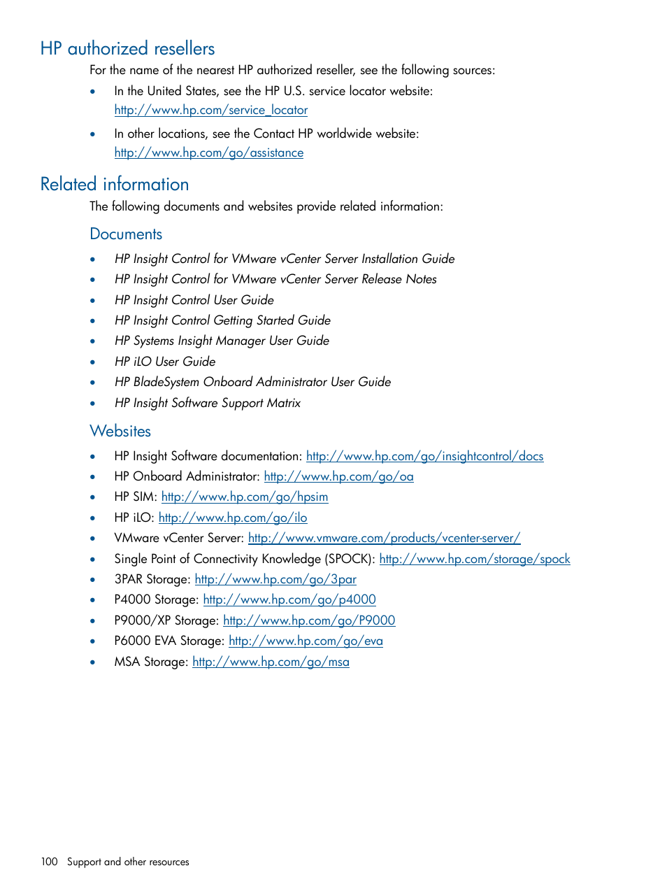 Hp authorized resellers, Related information, Hp authorized resellers related information | Documents, Websites | HP OneView for VMware vCenter User Manual | Page 100 / 107