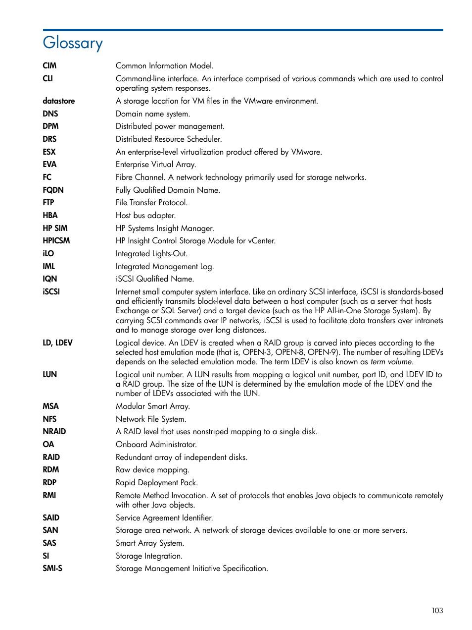 Glossary | HP OneView for VMware vCenter User Manual | Page 103 / 107