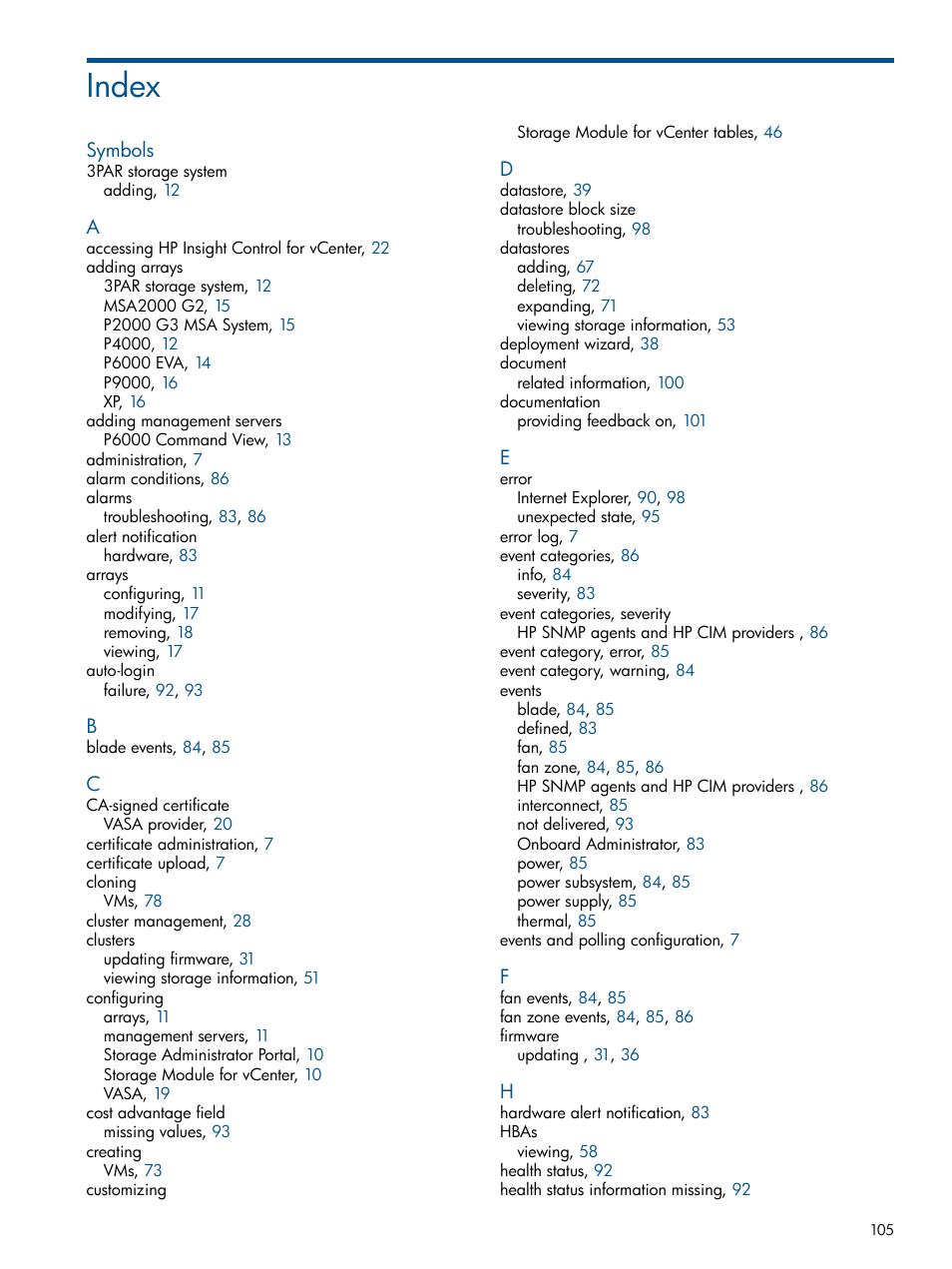 Index | HP OneView for VMware vCenter User Manual | Page 105 / 107