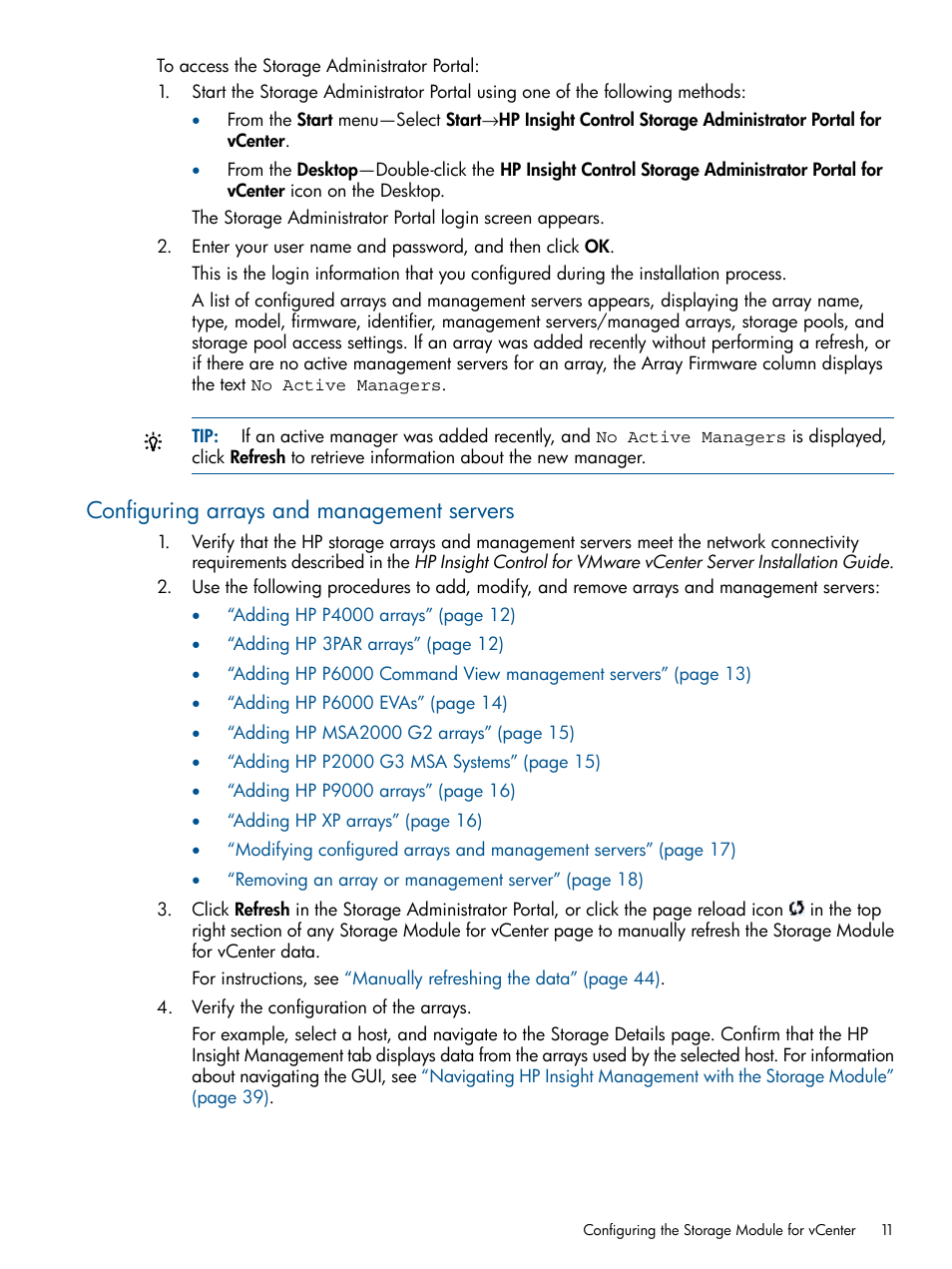 Configuring arrays and management servers | HP OneView for VMware vCenter User Manual | Page 11 / 107