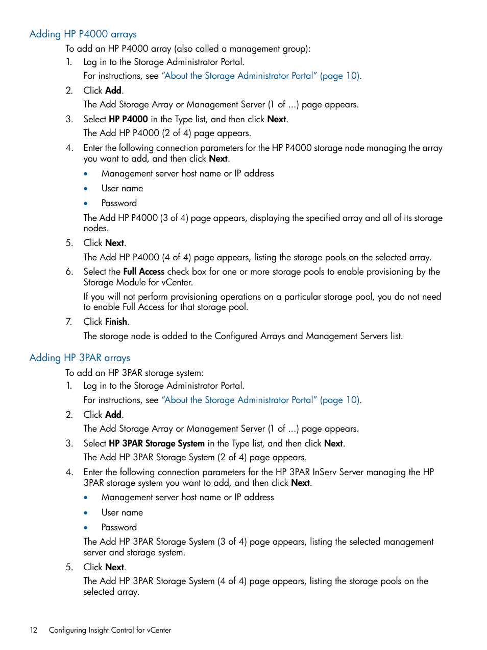 Adding hp p4000 arrays, Adding hp 3par arrays, Adding hp p4000 arrays adding hp 3par arrays | HP OneView for VMware vCenter User Manual | Page 12 / 107