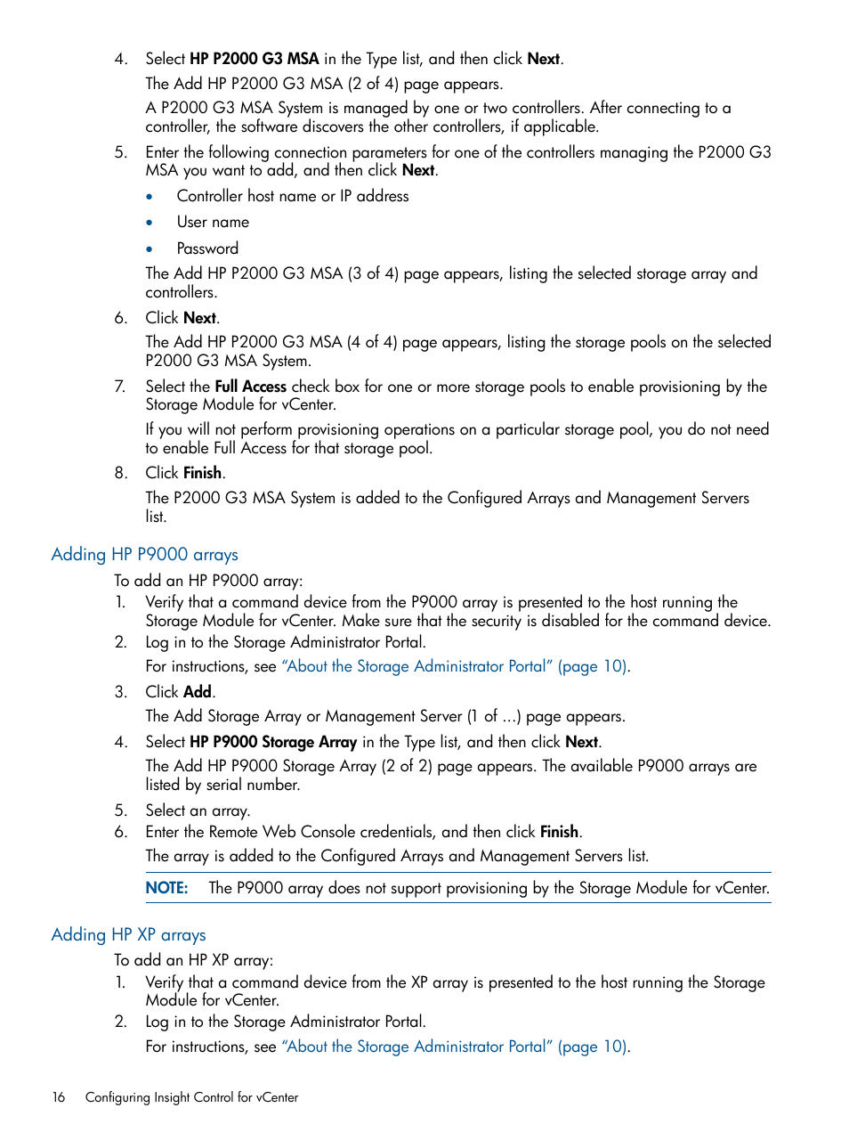 Adding hp p9000 arrays, Adding hp xp arrays, Adding hp p9000 arrays adding hp xp arrays | HP OneView for VMware vCenter User Manual | Page 16 / 107