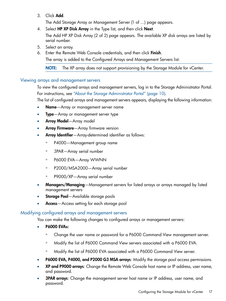 Viewing arrays and management servers, Modifying configured arrays and management servers | HP OneView for VMware vCenter User Manual | Page 17 / 107