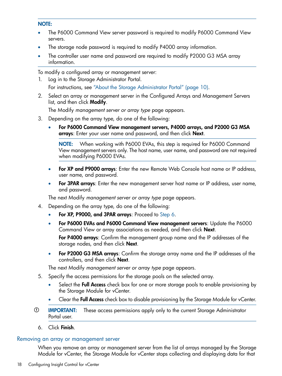 Removing an array or management server | HP OneView for VMware vCenter User Manual | Page 18 / 107