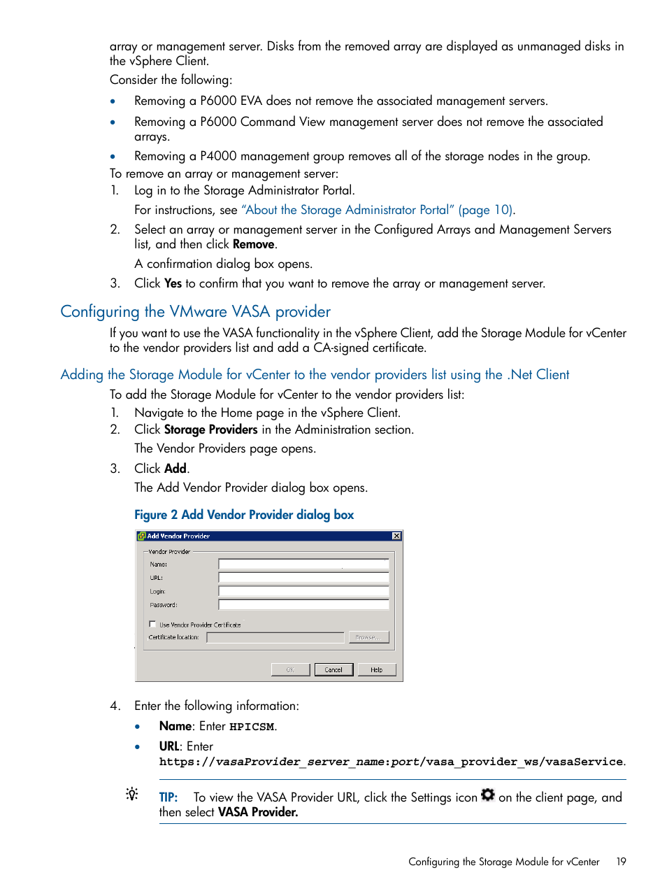 Configuring the vmware vasa provider | HP OneView for VMware vCenter User Manual | Page 19 / 107