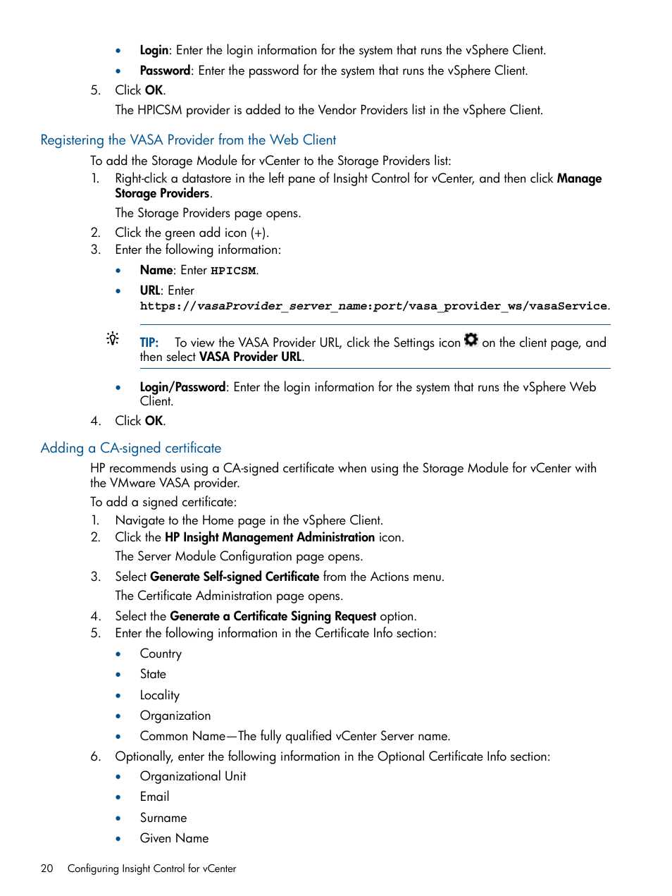 Registering the vasa provider from the web client, Adding a ca-signed certificate | HP OneView for VMware vCenter User Manual | Page 20 / 107