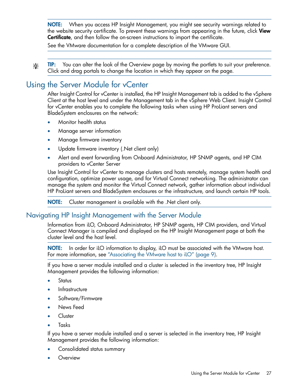 Using the server module for vcenter | HP OneView for VMware vCenter User Manual | Page 27 / 107