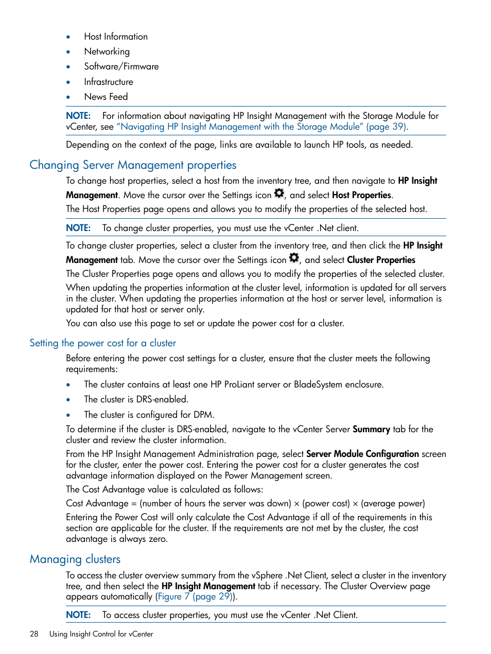 Changing server management properties, Setting the power cost for a cluster, Managing clusters | HP OneView for VMware vCenter User Manual | Page 28 / 107