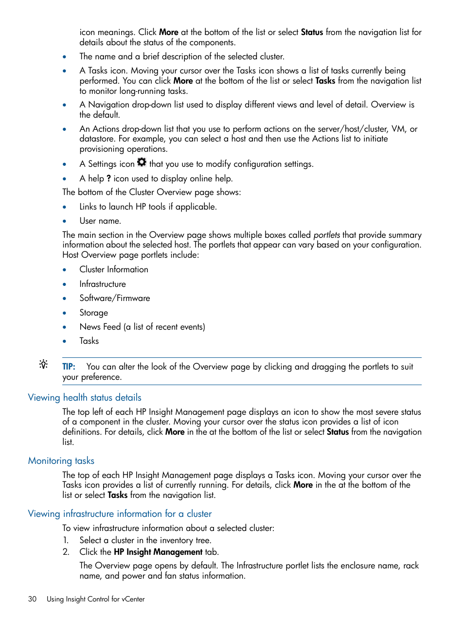 Viewing health status details, Monitoring tasks, Viewing infrastructure information for a cluster | HP OneView for VMware vCenter User Manual | Page 30 / 107