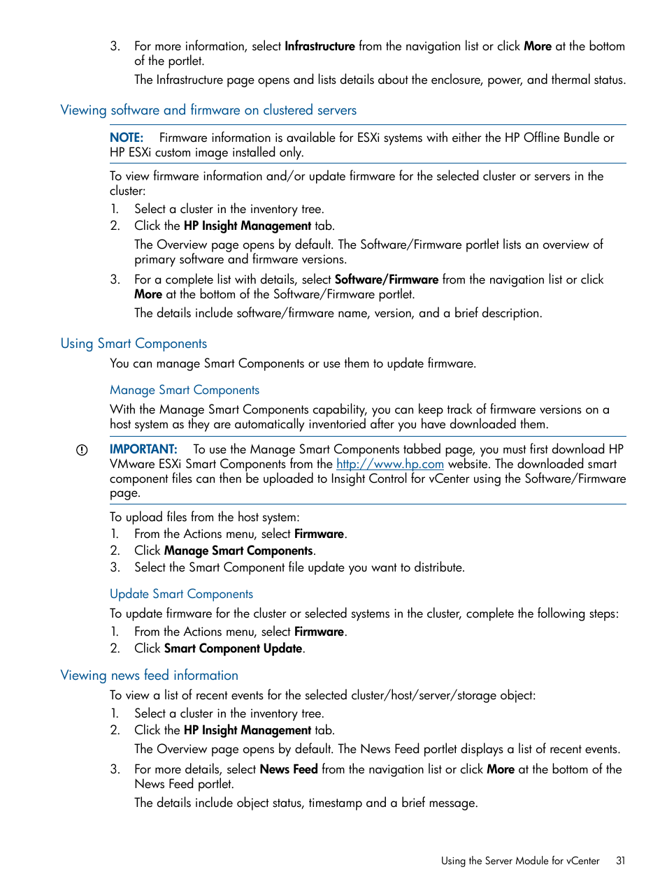 Viewing software and firmware on clustered servers, Using smart components, Viewing news feed information | HP OneView for VMware vCenter User Manual | Page 31 / 107