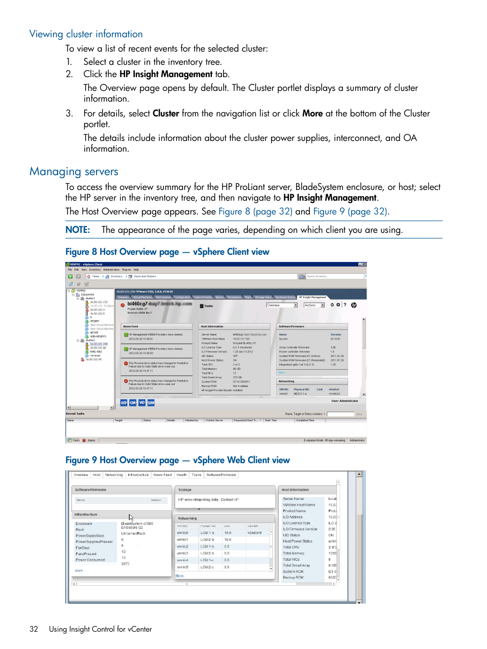 Viewing cluster information, Managing servers | HP OneView for VMware vCenter User Manual | Page 32 / 107