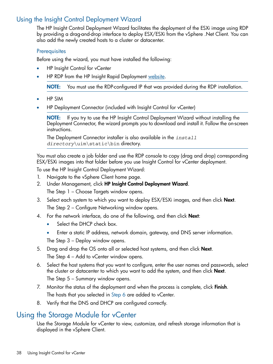 Using the insight control deployment wizard, Using the storage module for vcenter | HP OneView for VMware vCenter User Manual | Page 38 / 107