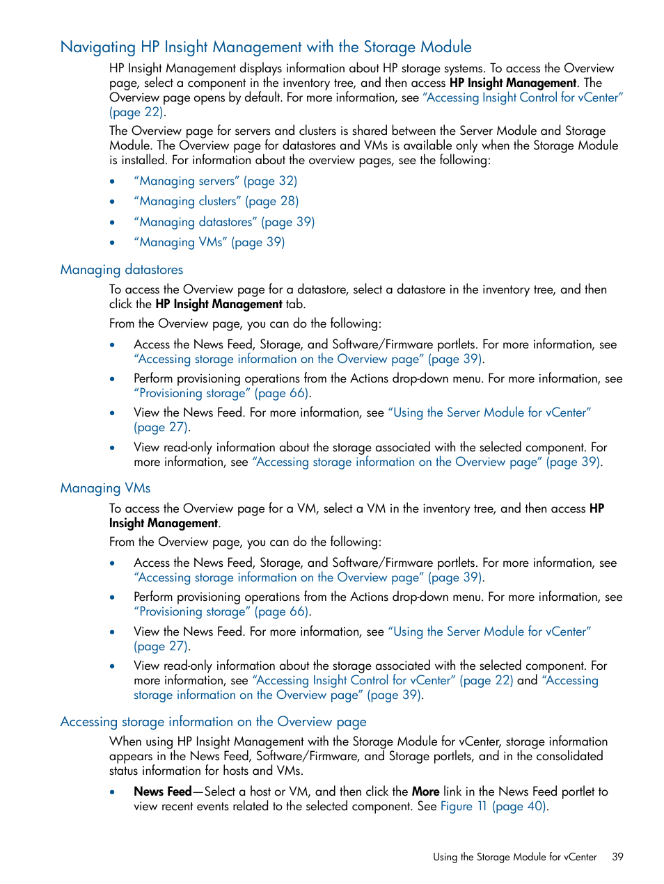 Managing datastores, Managing vms | HP OneView for VMware vCenter User Manual | Page 39 / 107